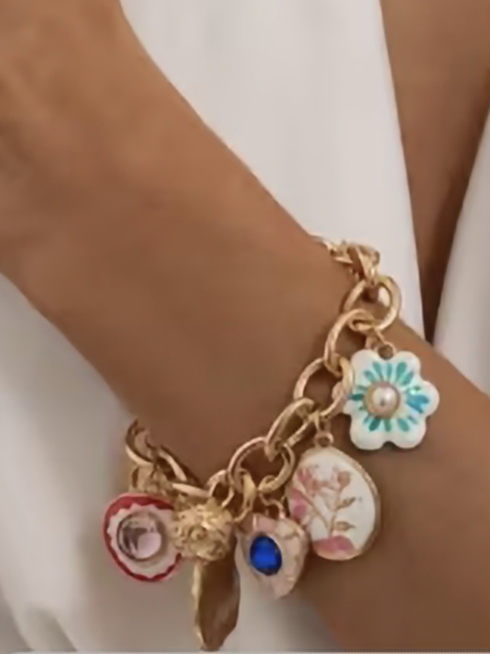 Gold Flower Chunky Charm Bracelet with Turquoise and Multicolor Enamel Accents